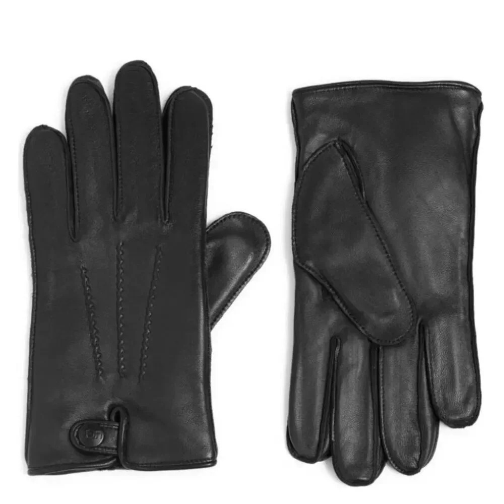 UGG Men's Black Snap Snug Fur Lined 3 Point Seam Leather Gloves Size Large